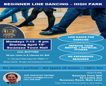 Line Dancing Poster. Spring session starts April 15. Mondays 7:15- 8pm. $8 per class or $50 for 8 classes.